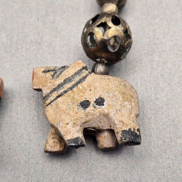 VTG Elephant Dangle Earrings 2.25" Carved Wood & Antique-Style Silver Beads - Picture 7 of 11